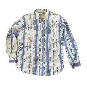 90’s Aztec Tribal Beachy 100% Print Balloon Sleeve Button Down